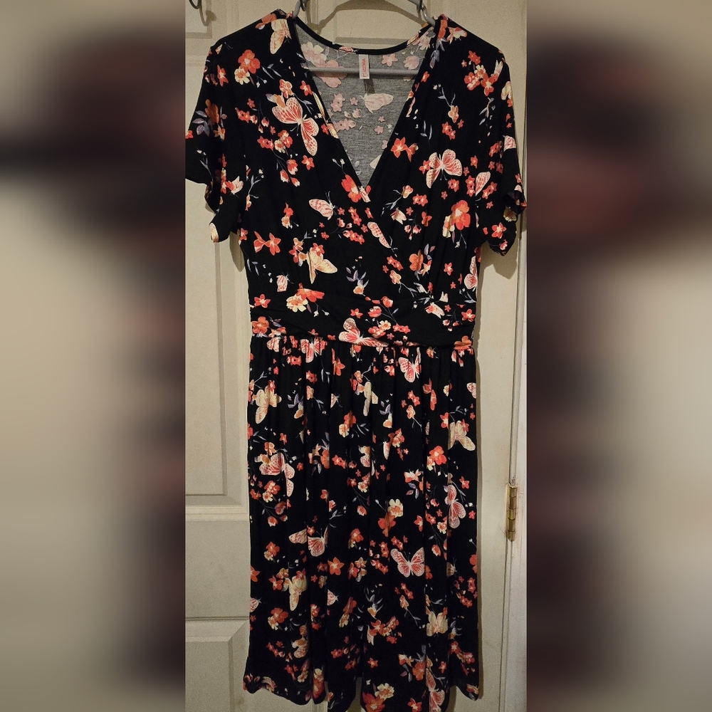 Floral Wrap Midi Dress in Black with Coral Accents